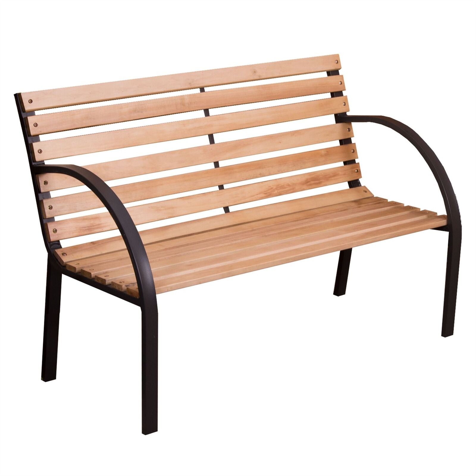 Slatted Garden Bench 3 Seater Wood Steel Outdoor Patio Chair Seat Furniture