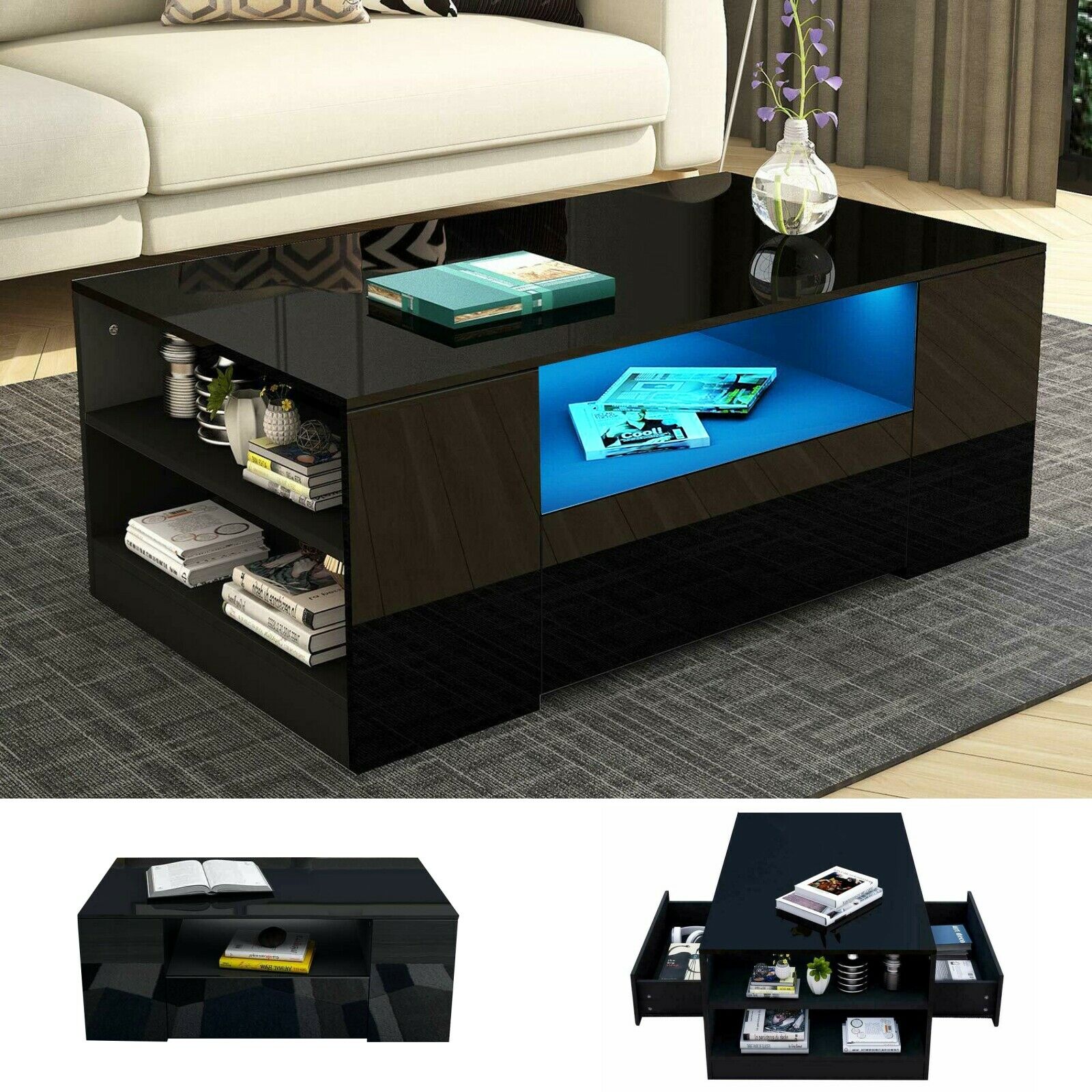 Black LED Wooden Coffee Table With Storage Drawers High Gloss Modern Living Room