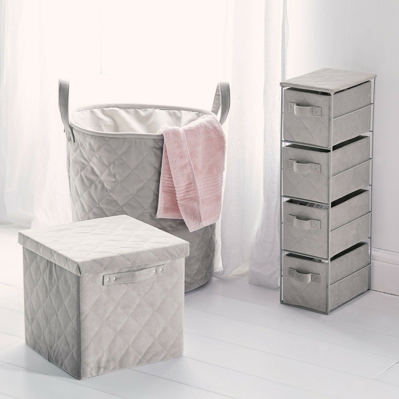 4 Tier Grey Storage Cabinet Drawers With Quilted Velvet Baskets Boxes