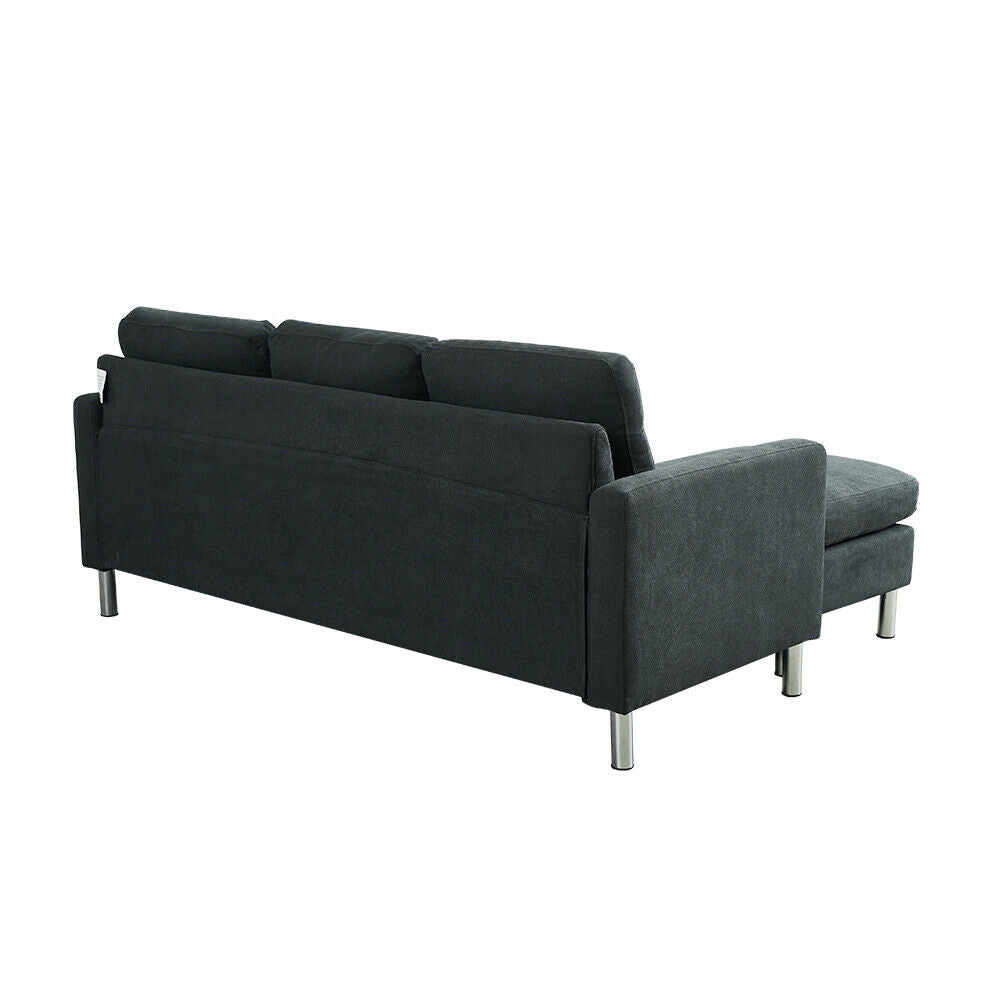 3 Seater Dark Grey Linen Fabric Corner Sofa Settee Armchair Couch with Footstool