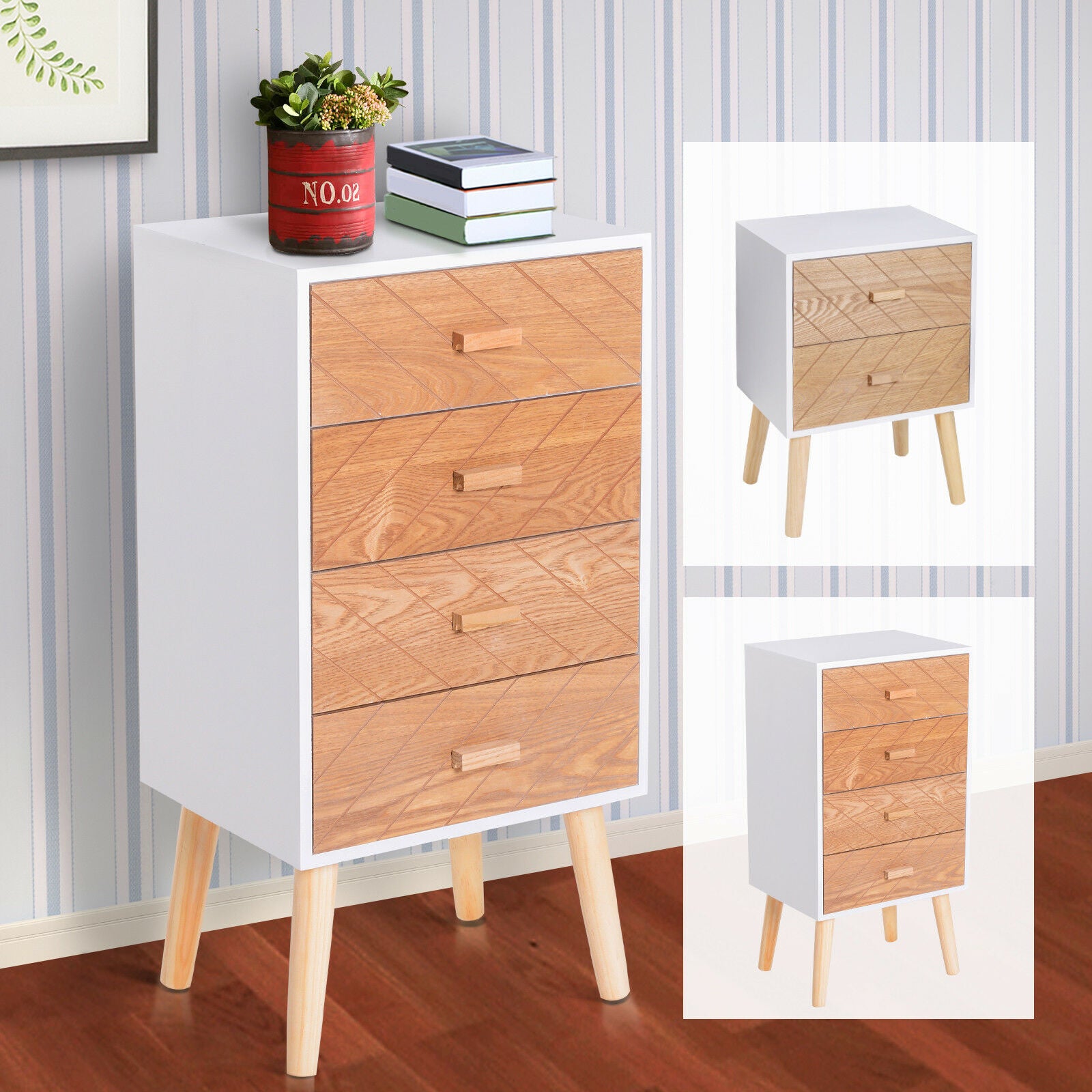 Nordic Style Scandinavian Bedside Table Drawers Cabinet Solid Wood Legs Bedroom