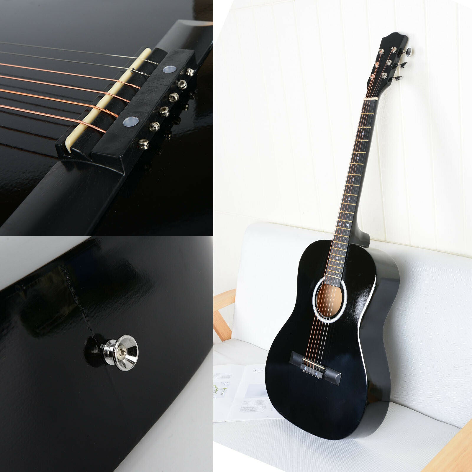 NEW Excellent Black 39" Full Size 6 String Steel Strung Acoustic Guitar UK