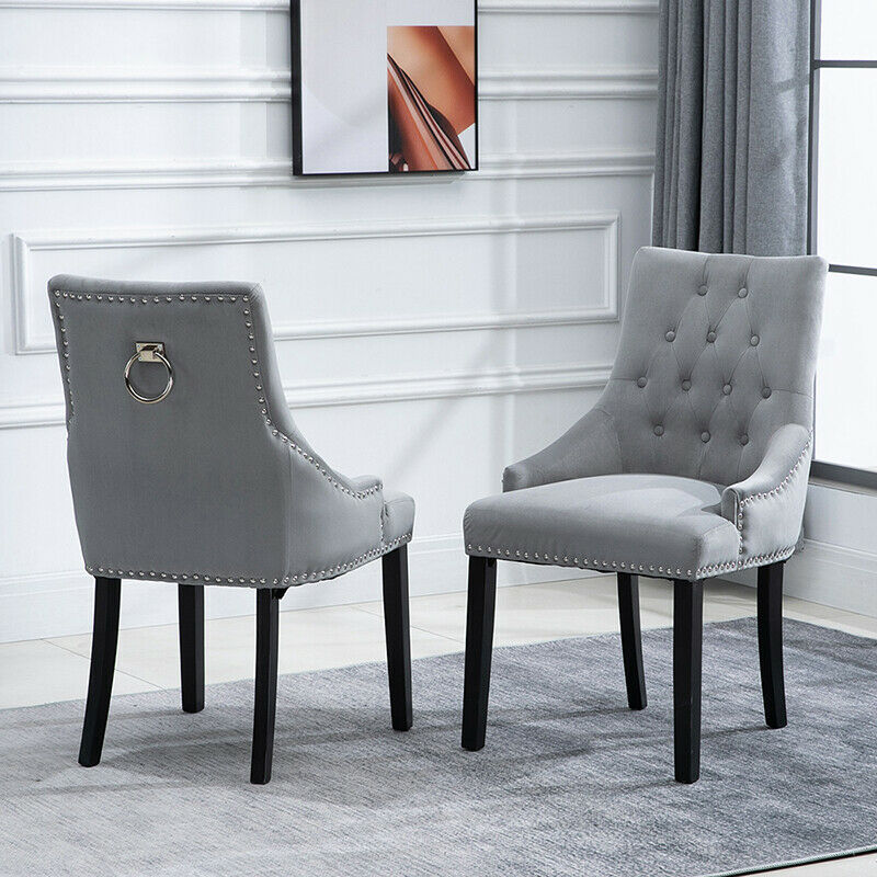 2x Velvet Dining Chairs with Rivets Knocker Home Dining Room Kitchen Silver Grey