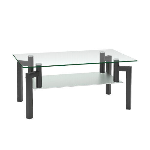 Rectangle Glass Coffee Table With Storage Shelf Modern Living Room Furniture HN