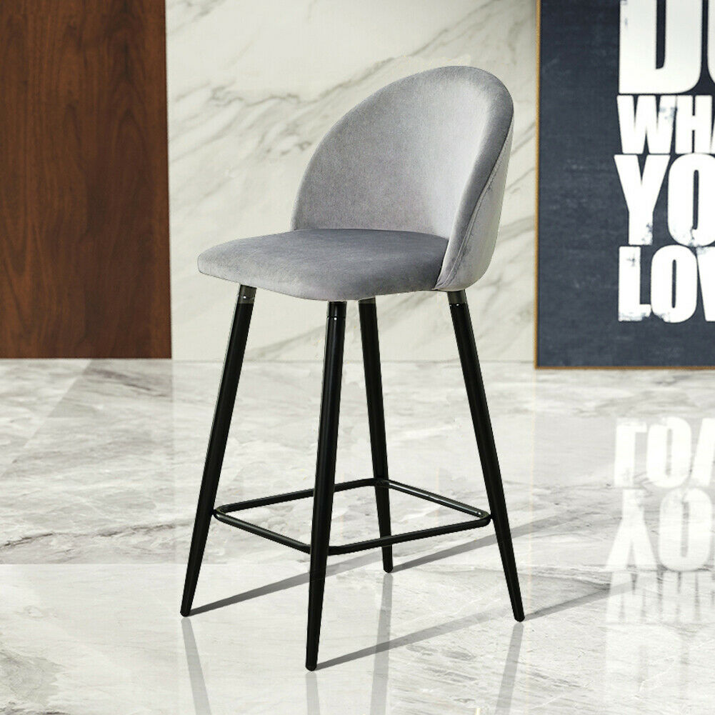 2× Grey Kitchen Breakfast Bar Stools Velvet Padded Seat Metal Legs Modern Pub