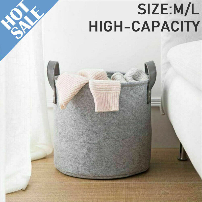Large Grey Felt Storage Basket Bin w/ Handle Bedroom Closet Clothes Toy Storage