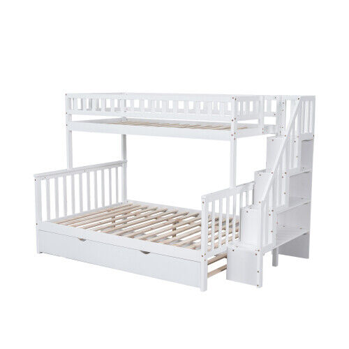 3ft & 4ft6 Kids Wooden Bunk Beds with Stairs and Pull Out Trundle Bed Frame HT