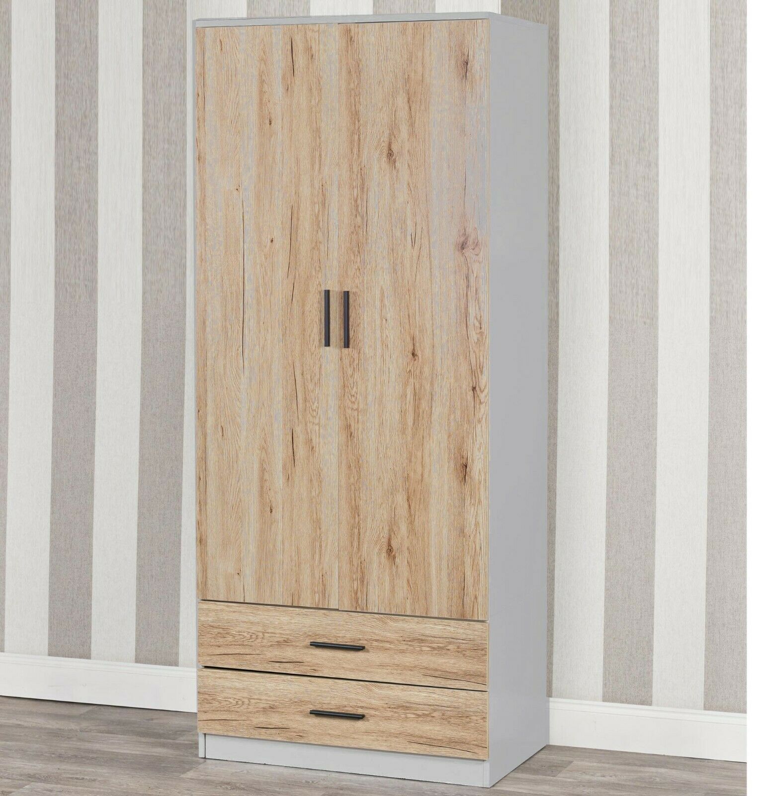 Tall Wooden 2 Door Wardrobe With 2 Drawers Bedroom Storage Hanging Bar Clothes