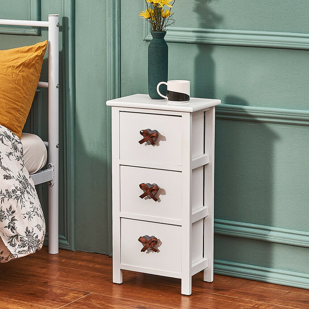 Pair of White Bedroom Bedside Table Unit Cabinet Nightstand with 3 Drawers UK
