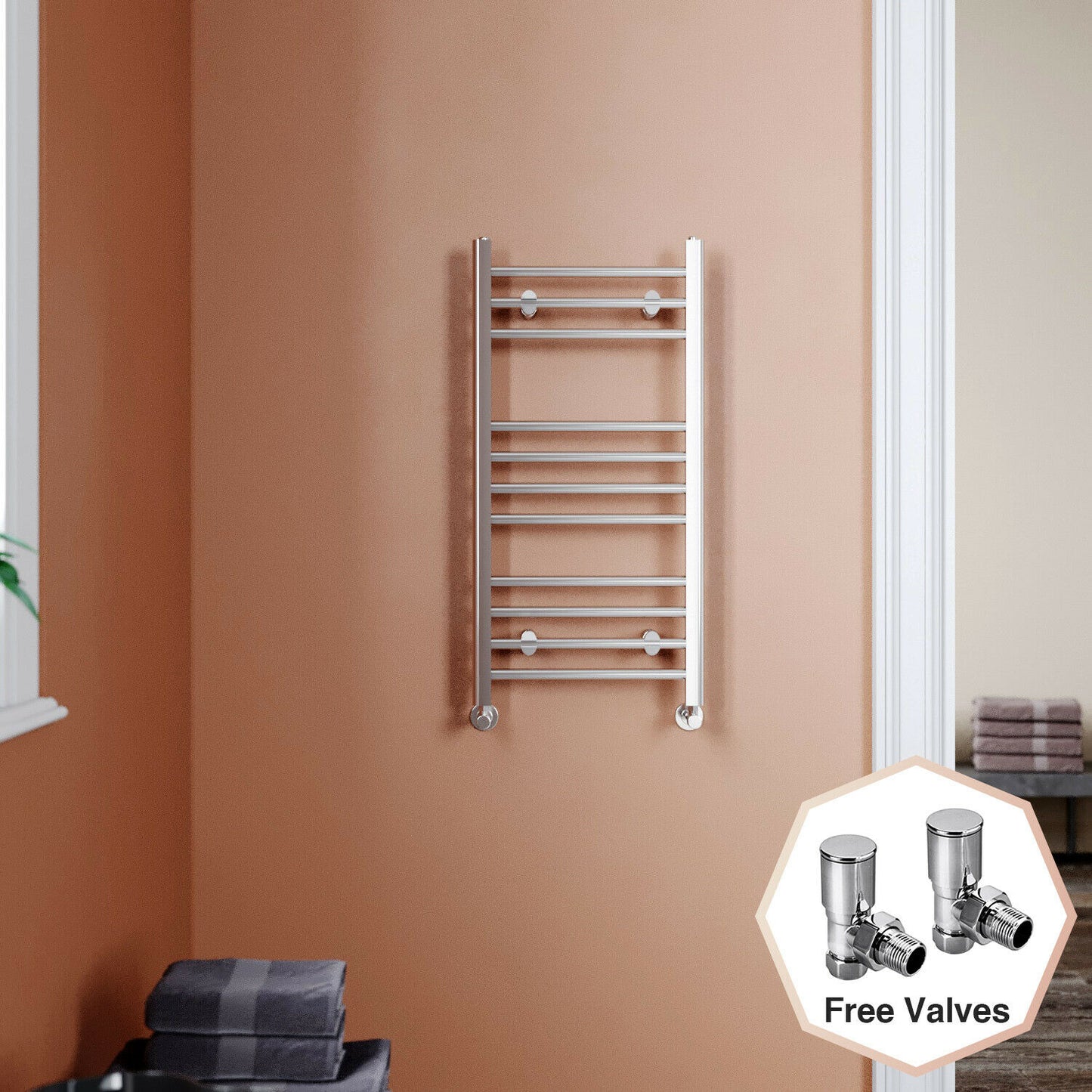 Chrome Towel Rail Radiator Rads Bathroom Heated Straight Ladder Warmer w/ Valves