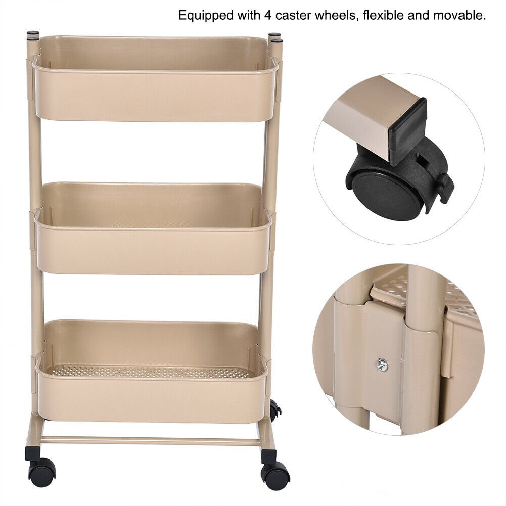3 Tier Slim Kitchen Storage Trolley Cart Rack Shelf Fruit Basket Rolling Wheel