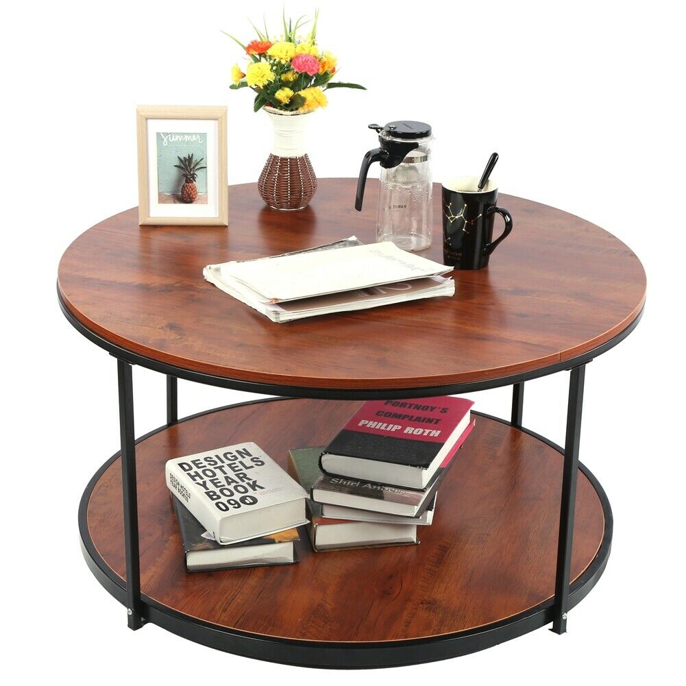 Industrial 2 Tier Round Coffee Tea Table Side End Living Room Storage Shelf Unit