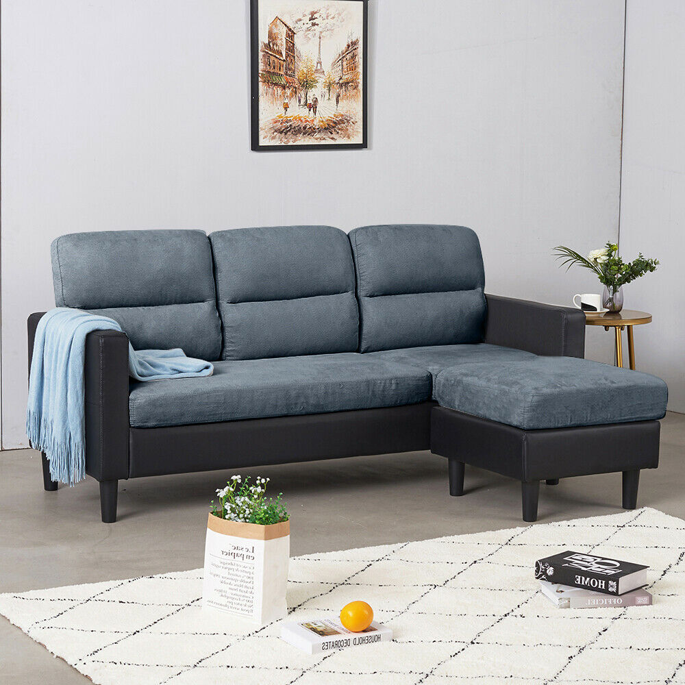 3 Seater L-Shaped Universal Corner Sofa Lounger Couch Chaise Settee w Foostool