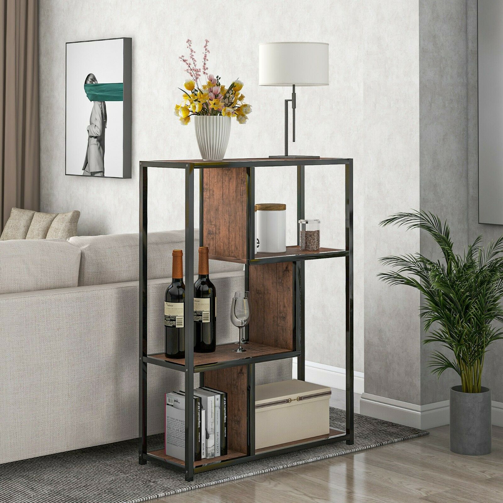 3-Tier Industrial Floor Standing Bookcase, Storage Rack in Living Room