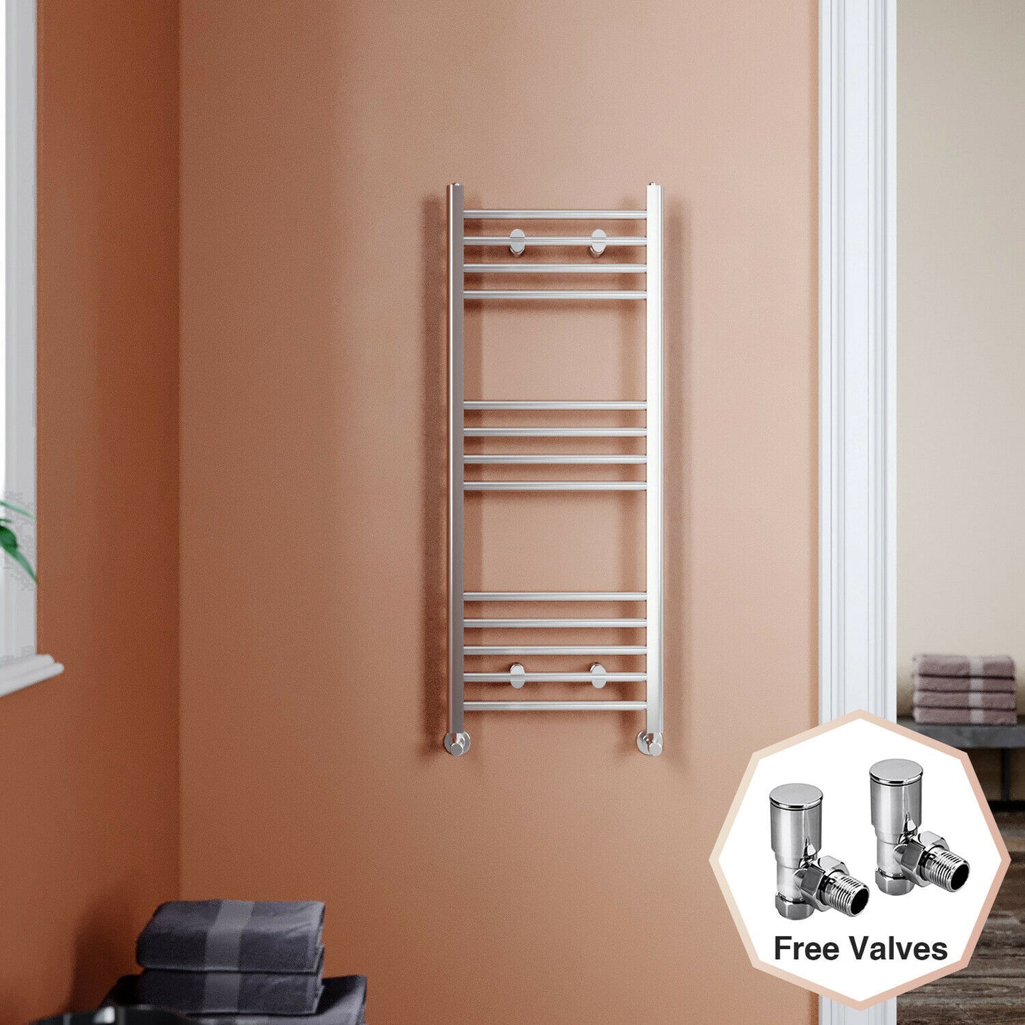 Chrome Towel Rail Radiator Rads Bathroom Heated Straight Ladder Warmer w/ Valves