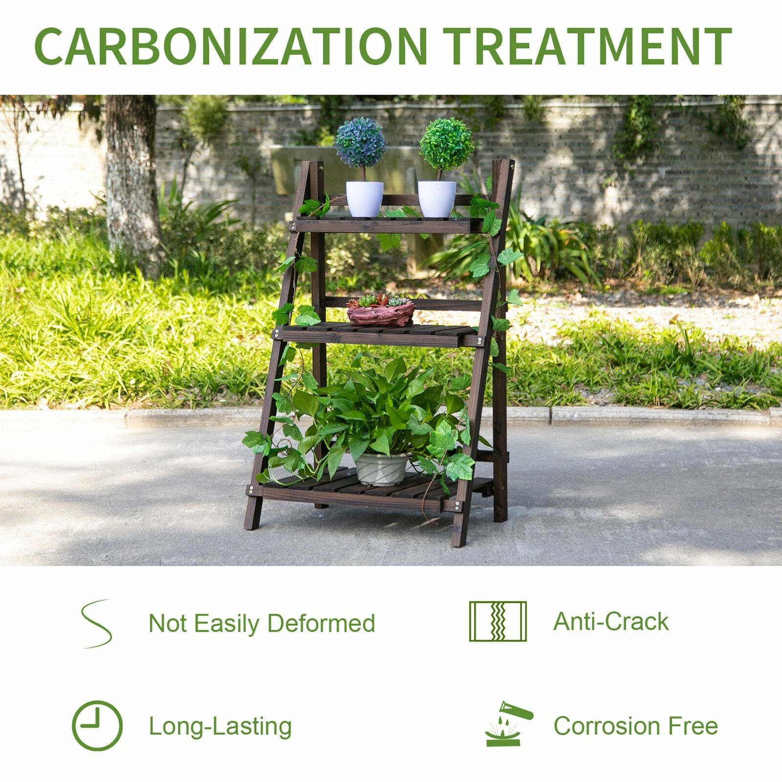 3-Tier Wooden Shelf Foldable Flower Pots Holder Stand Indoor Outdoor