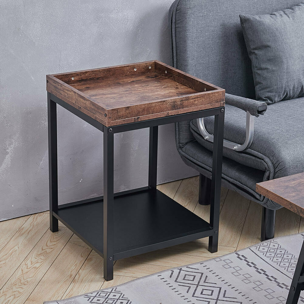 2 Tier Small Coffee Table Retro Tray Top Sofa Side End Table Rustic Wood & Metal