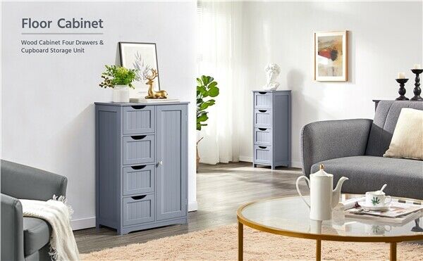 Bathroom Cabinet Storage 4 Drawer 1 Door Free Standing Cupboard Unit Grey