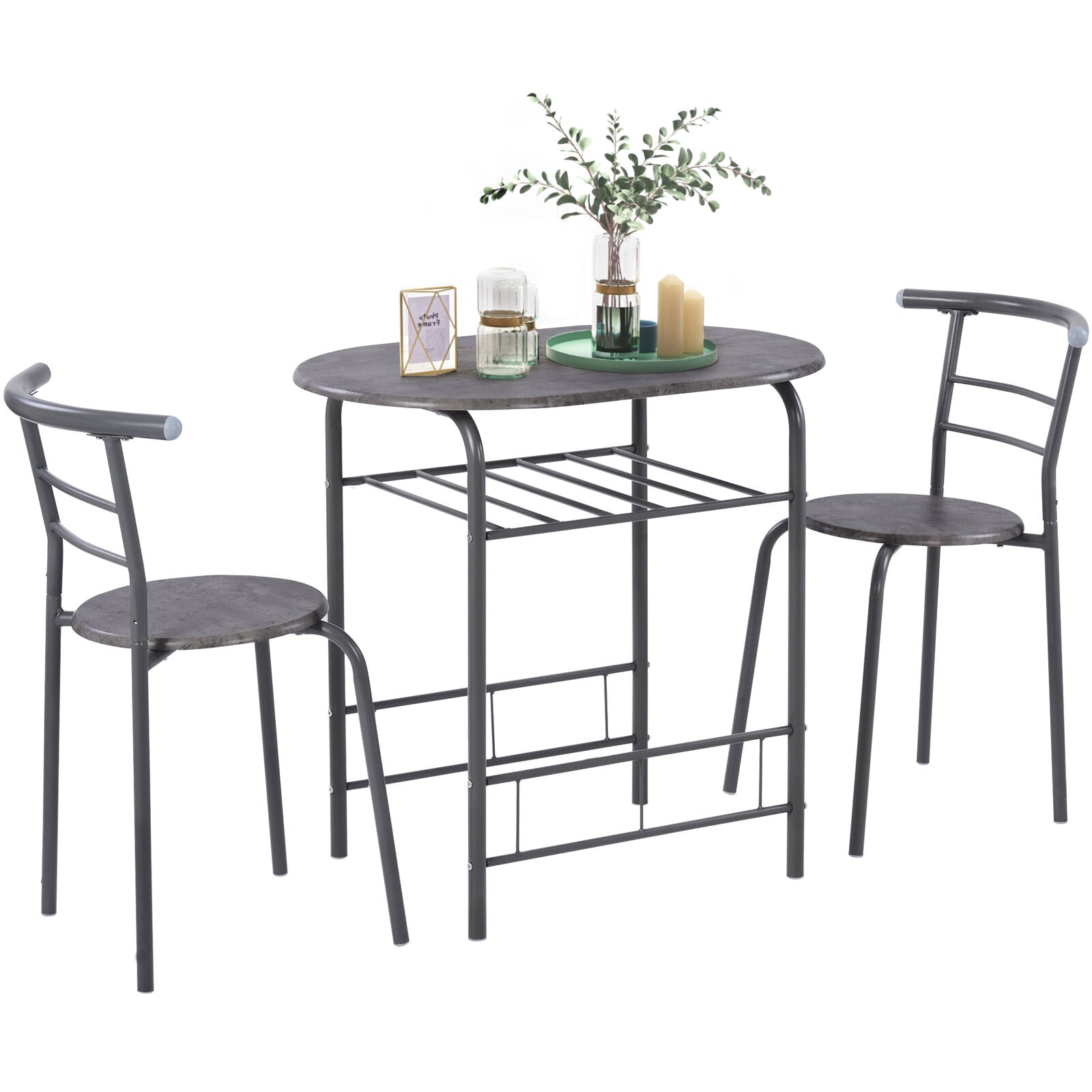 Grey 3PC Dining Table 2 Chairs Set for Kitchen Dining Room Furniture Steel Frame