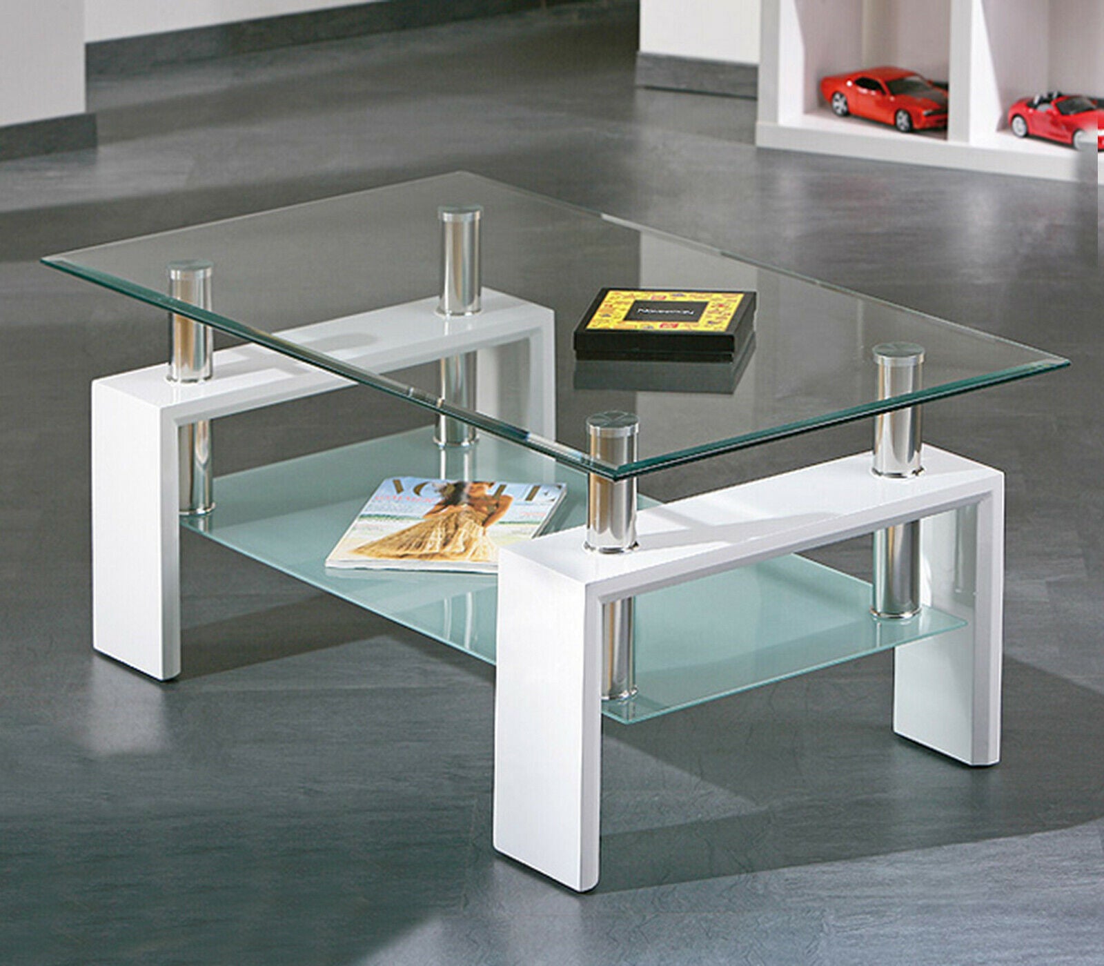 Coffee Table With Storage Shelves Wooden Legs Living Room Furniture White Glass