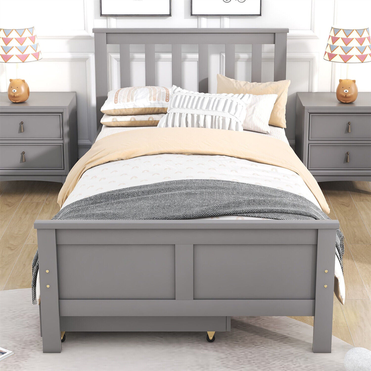 2 Drawers 3ft Single Wooden Solid Gray Pine Kids Storage Bed Frame 190x90 Grey