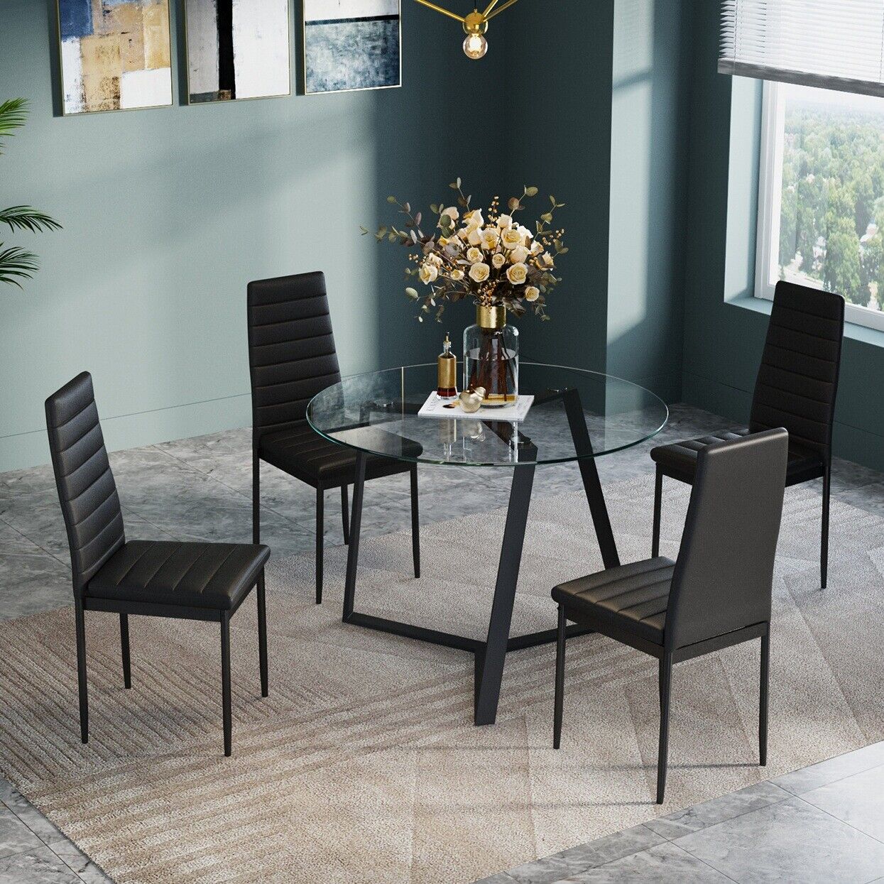 100cm Round Glass Top Dining Table & 4/6pcs Faux Leather Upholstered Chairs Set