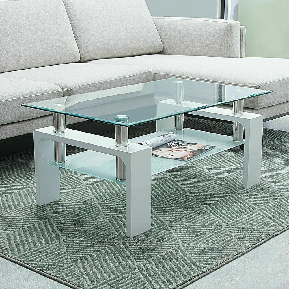 Rectangle Glass Coffee Table Modern Living Room Furniture Top Lower Shelf Chrome