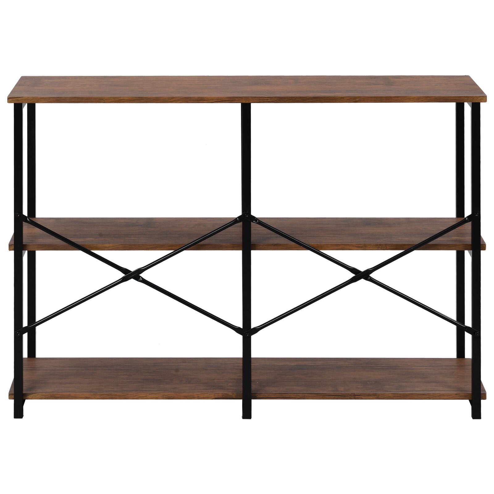 3-Tier Console Table Wodd Sofa Table Steel Frame Industrial Storage Shelf Brown