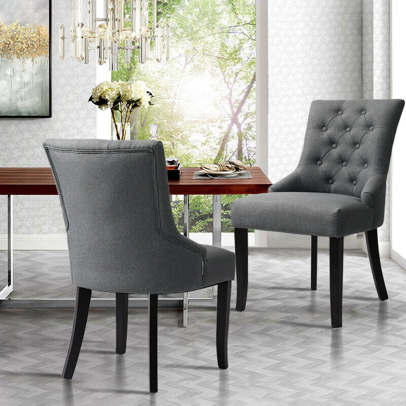 2Pcs Linen Dining Chairs High Back Dining Room Kitchen Wooden Legs Chairs