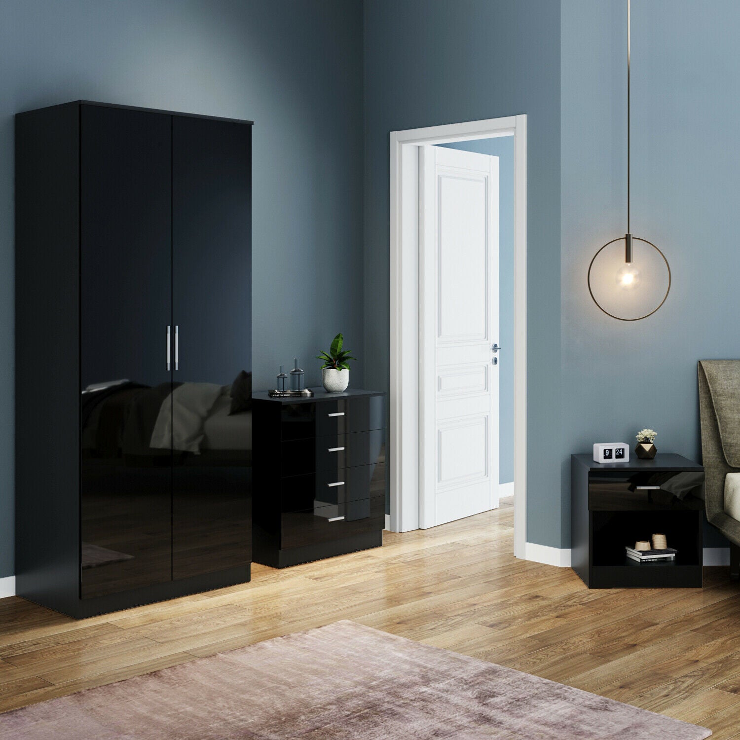 High Gloss 2 Door Wardrobe Mirrored Bedroom Furniture 3 pcs Set Large Storage