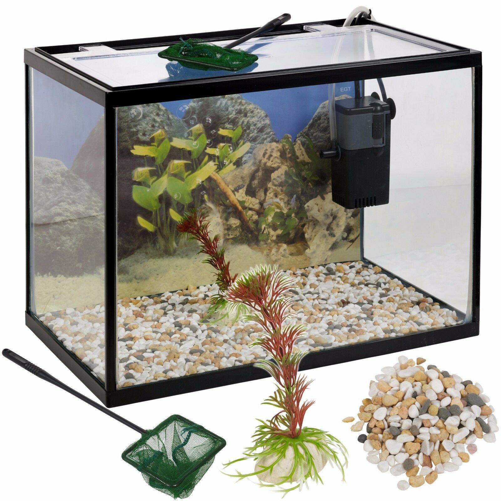 26 Litre Glass Aquarium Fish Tank Starter Kit Set Filter Pump Net Plant Stones