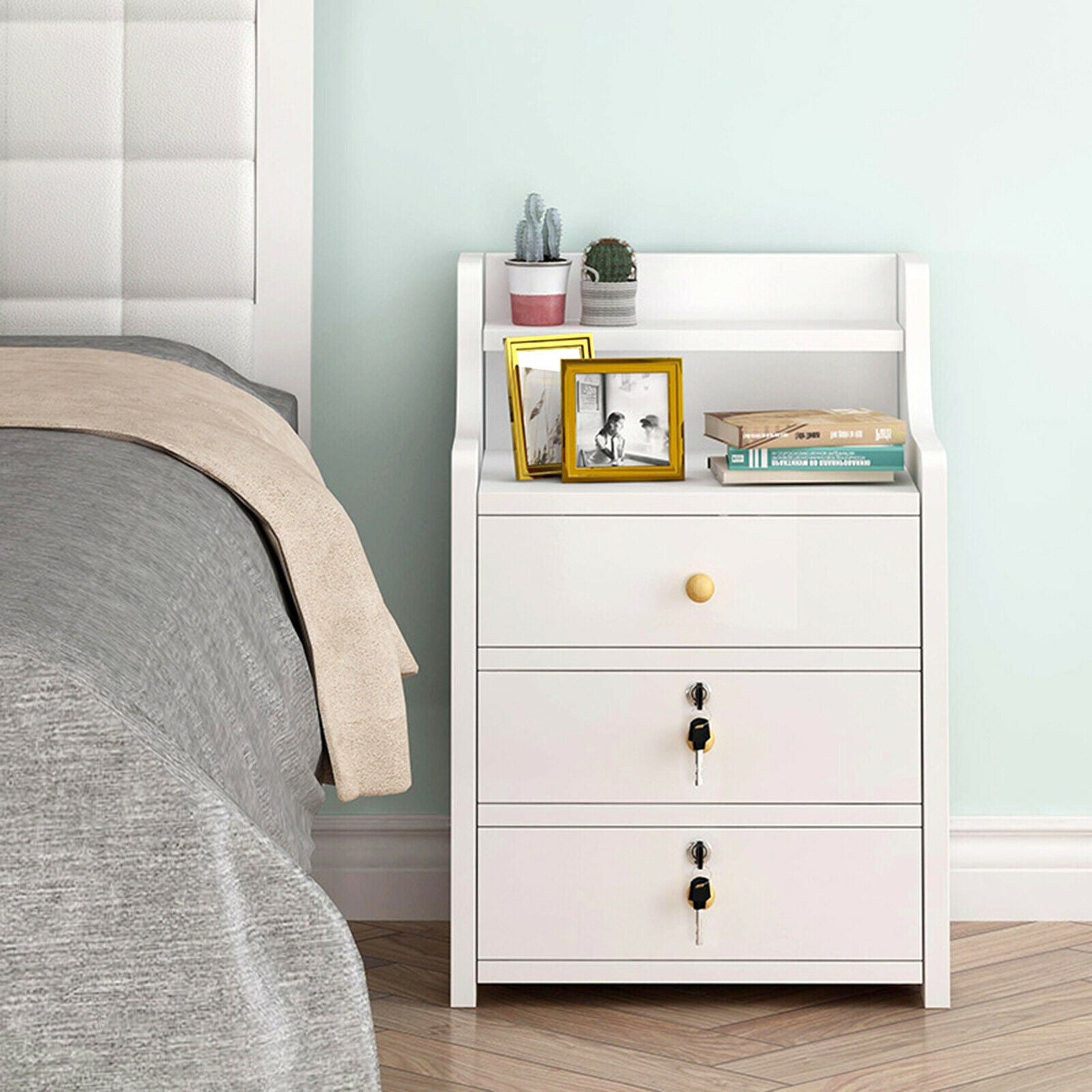 Bedside Tables NightStand Cabinet Chest Storage With Lock key 2/3 Drawer Bedroom