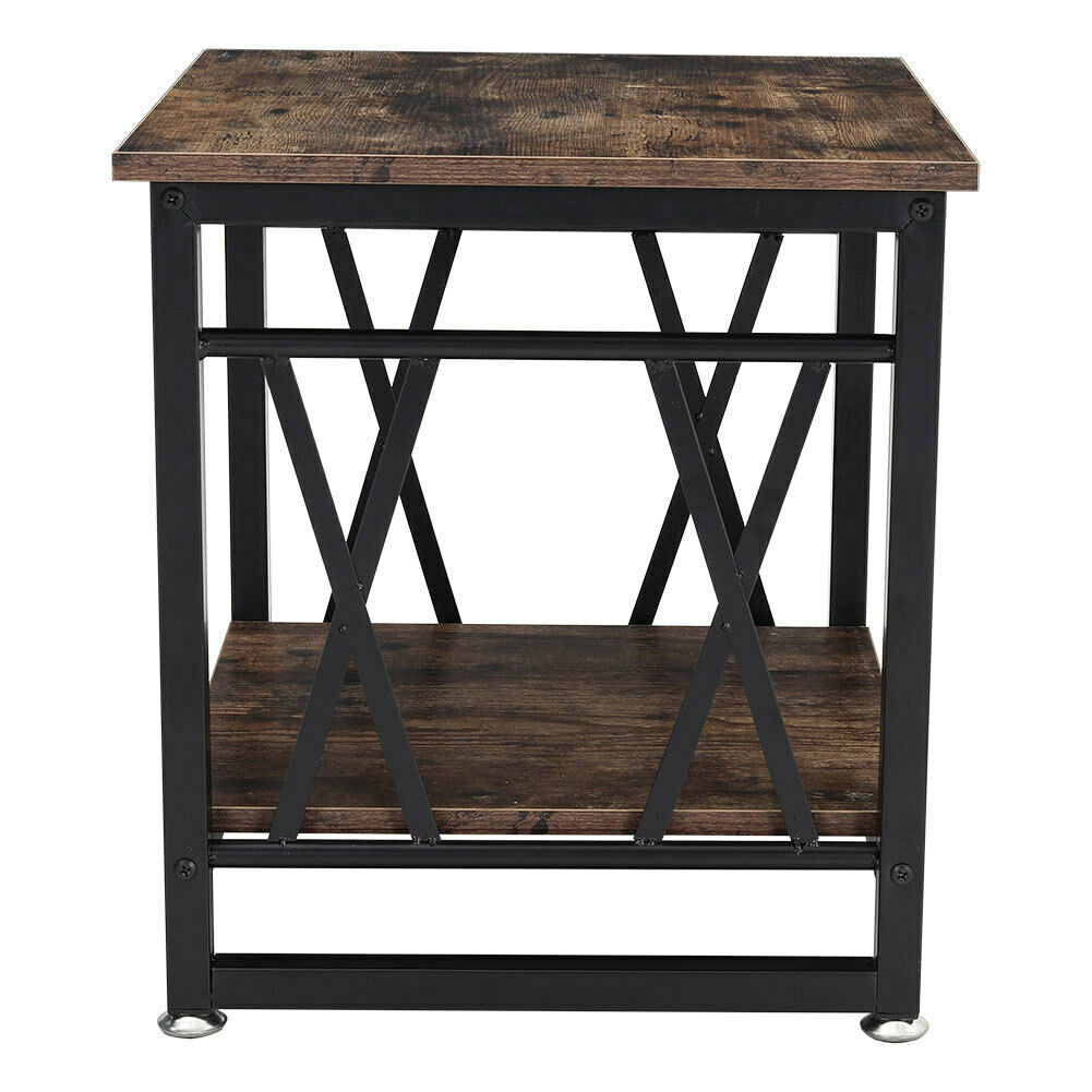 2 Tier Side End Table Industrial Rustic Wood Metal Bedside Nightstand Lamp Table
