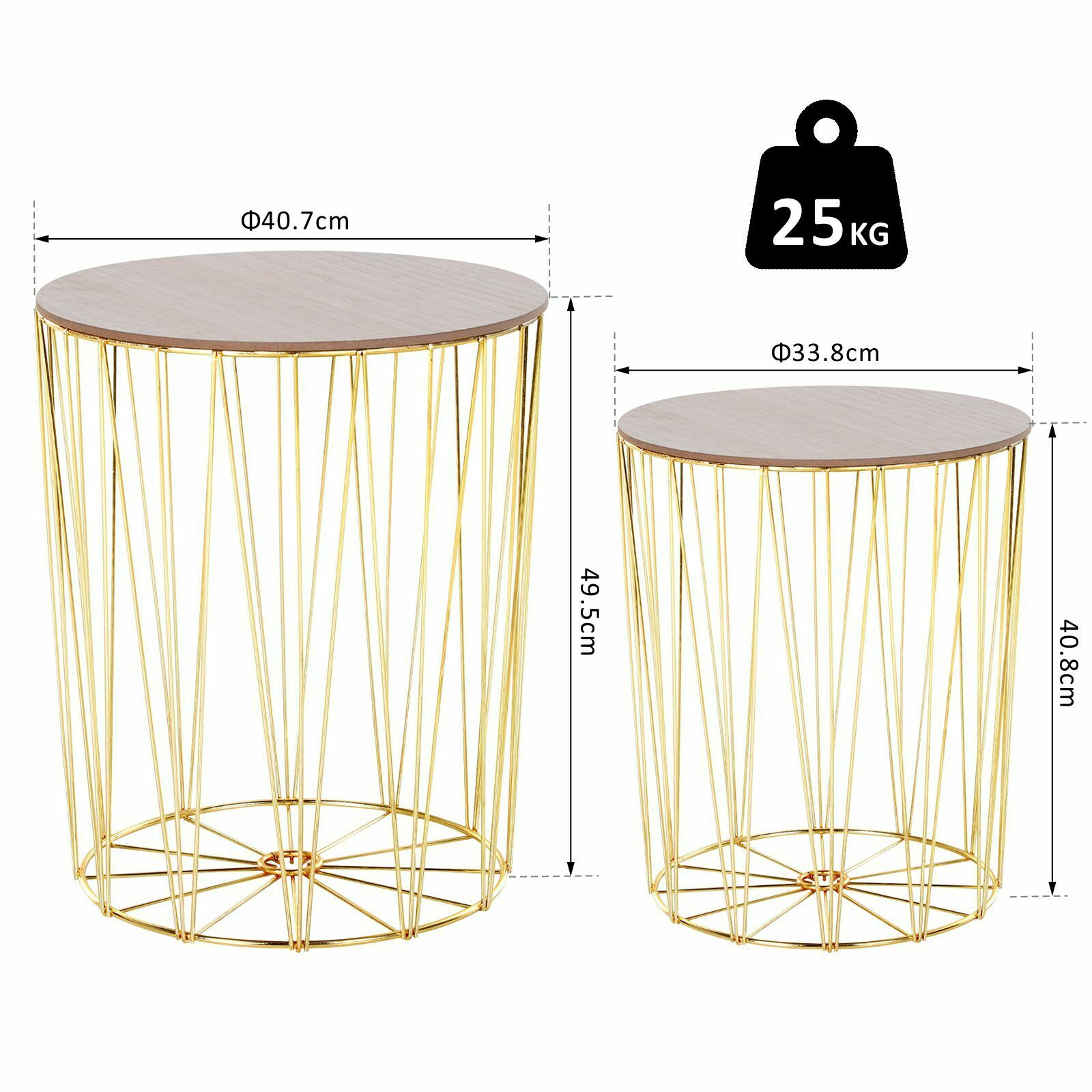 Modern Style 2 Pack Wood Metal Bedside Table w/ Storage - Gold Color Base