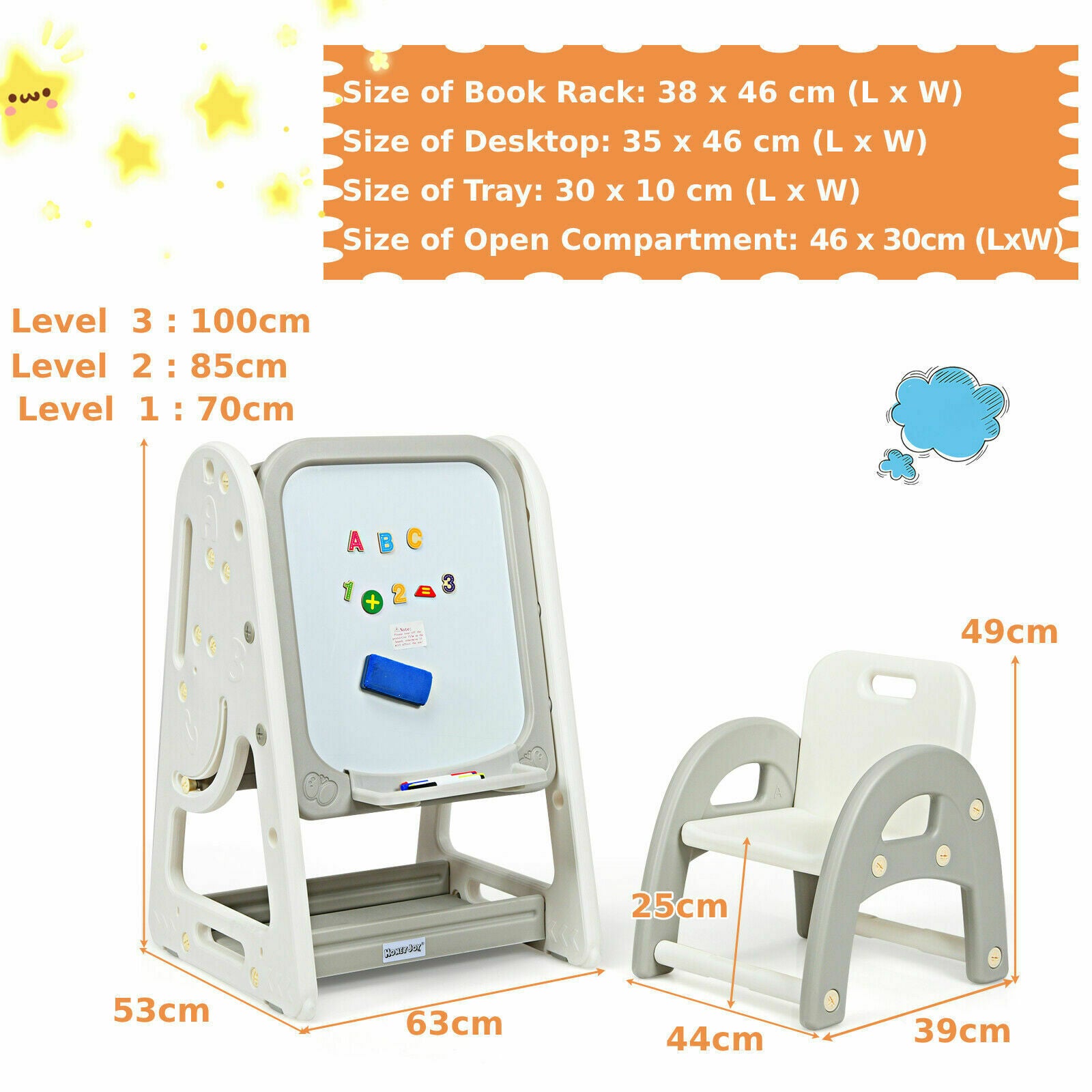 3-In-1 Kids Table & Chair Set Adjustable Drawing Board Toddler Art Easel Set