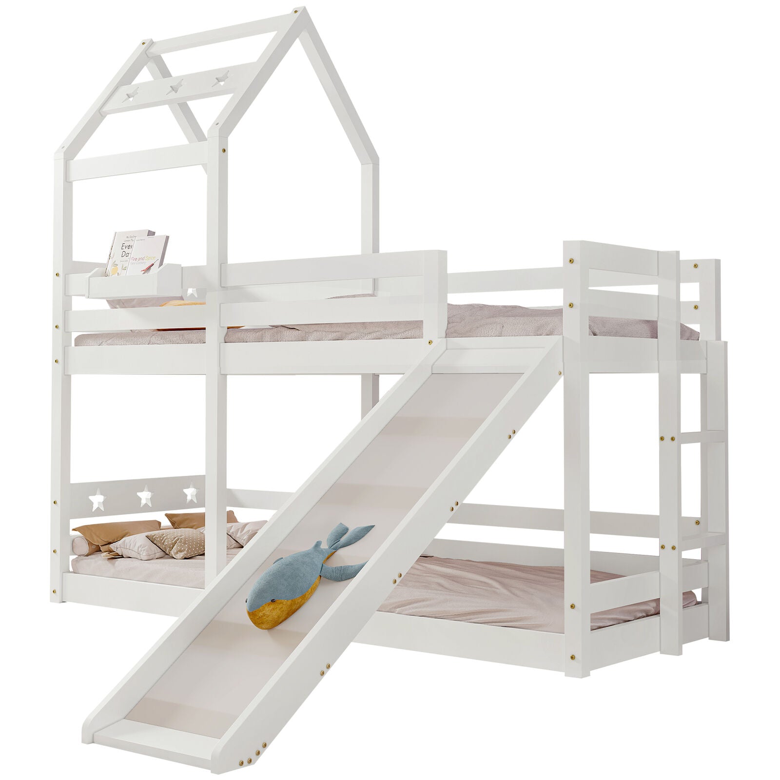 Kids Bunk Bed 3FT Single Pine Bed Frame High Sleeper Bed with Slide Ladder HT