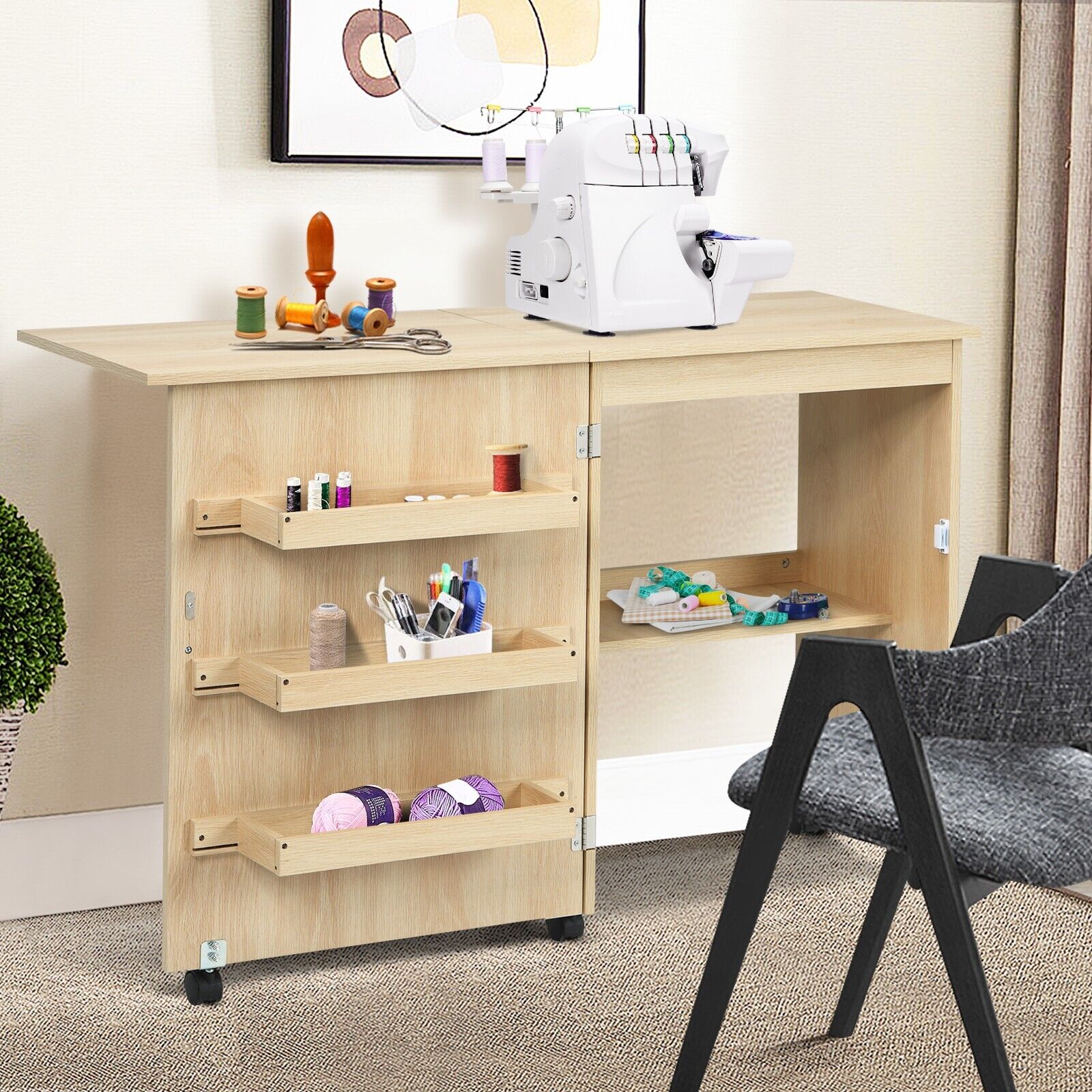 Folding Sewing Table 2 IN 1 Rolling Craft Table Home Office Desk Workstation