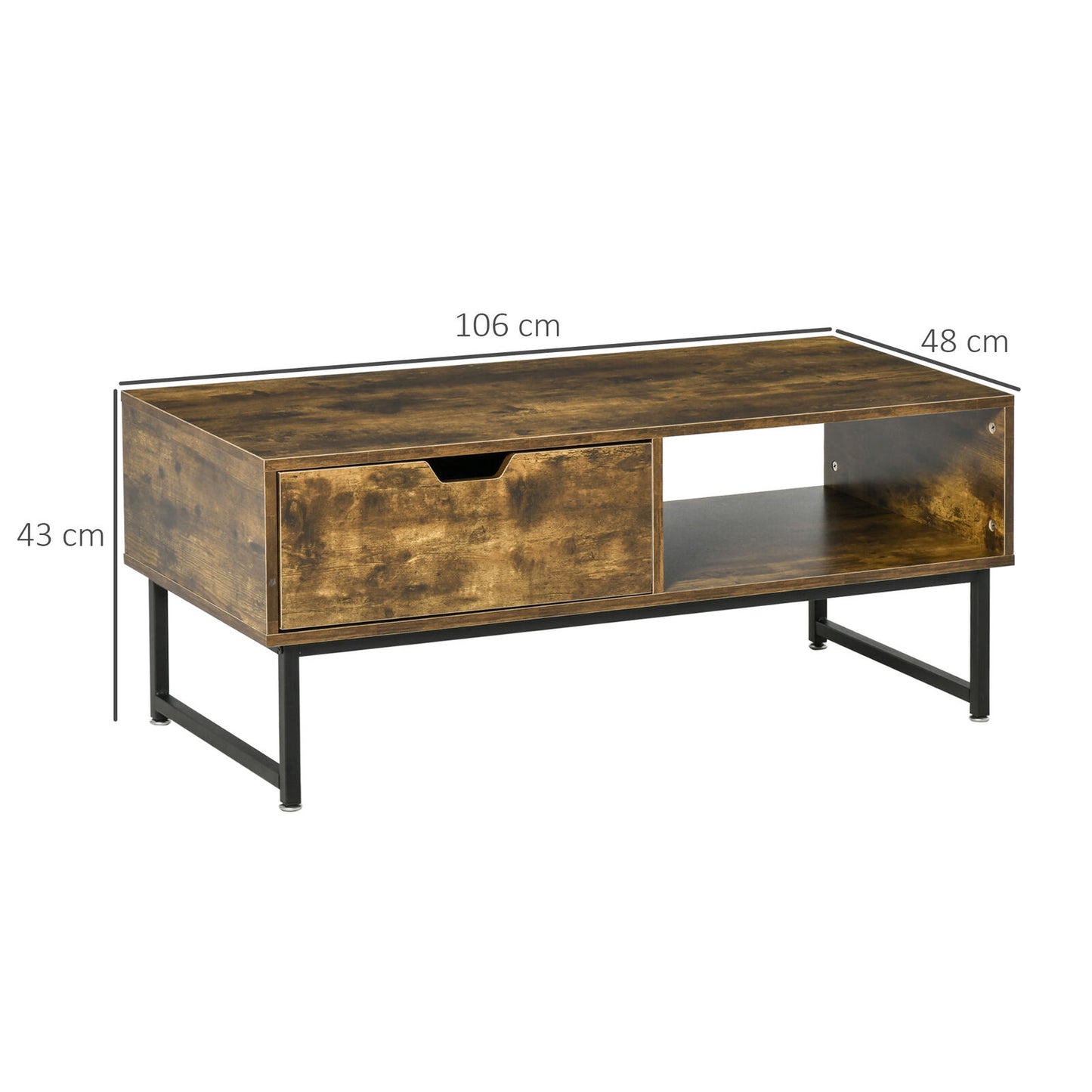 Industrial Coffee Table with Shortage Shelf & Drawer End Table Metal Frame Brown