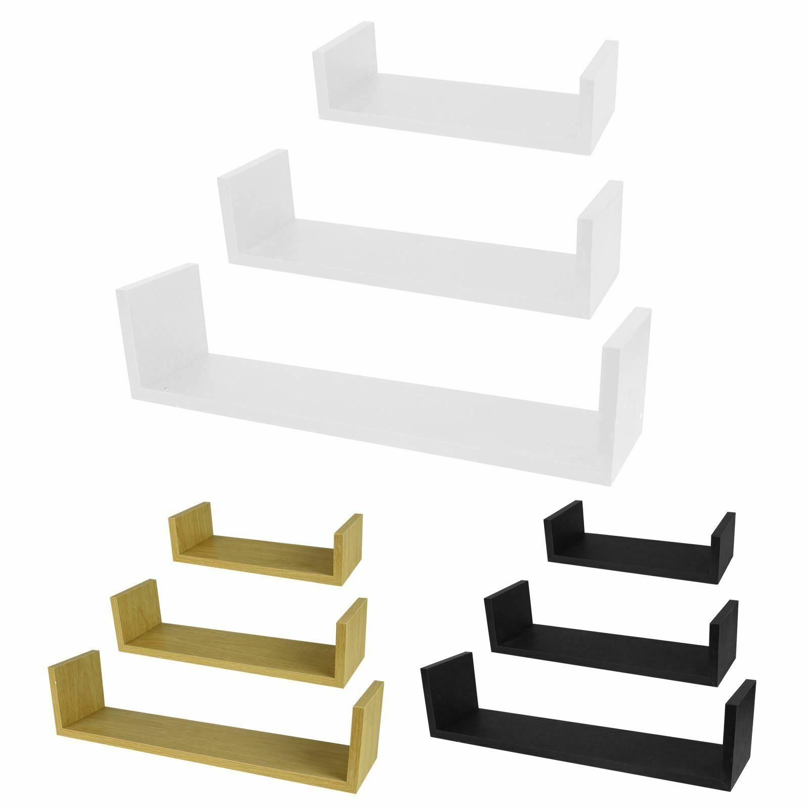 3 U Shaped Floating Wooden Shelves Wall Mounting Shelf Storage Display Book Unit