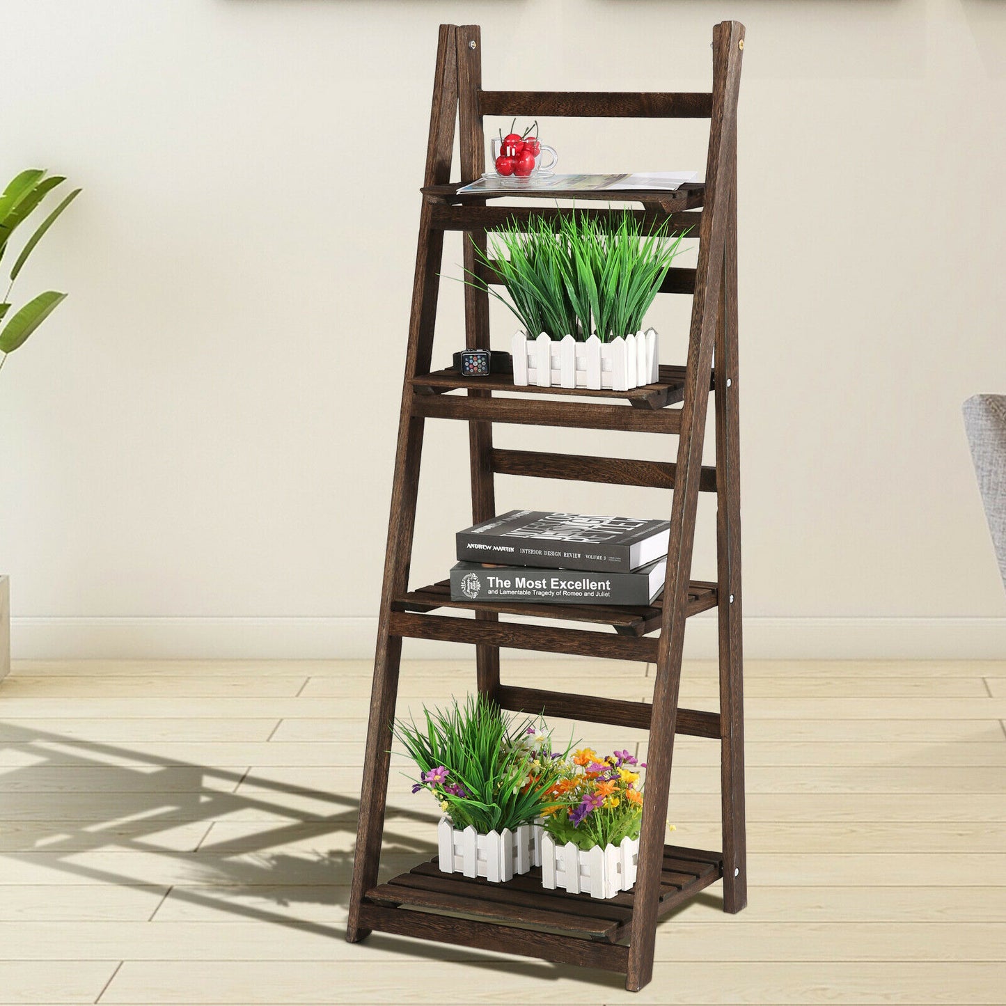 4 Tier Ladder Book Shelf Bookcase Garden Flower Plant Pot Display Rack Wooden