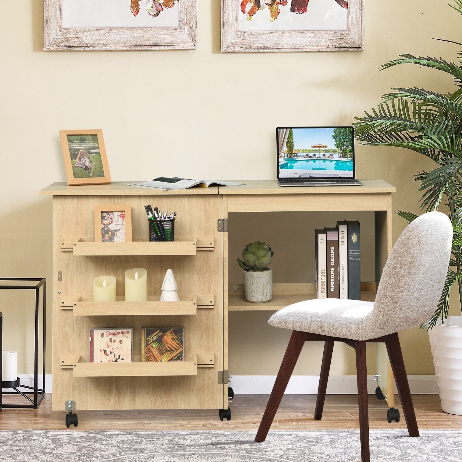 Folding Sewing Table 2 IN 1 Rolling Craft Table Home Office Desk Workstation