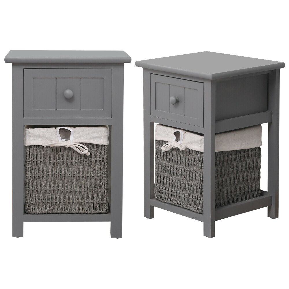 A Pair of Wooden Bedside Tables Storage Drawer Wicket Baskets Nightstand Cabinet