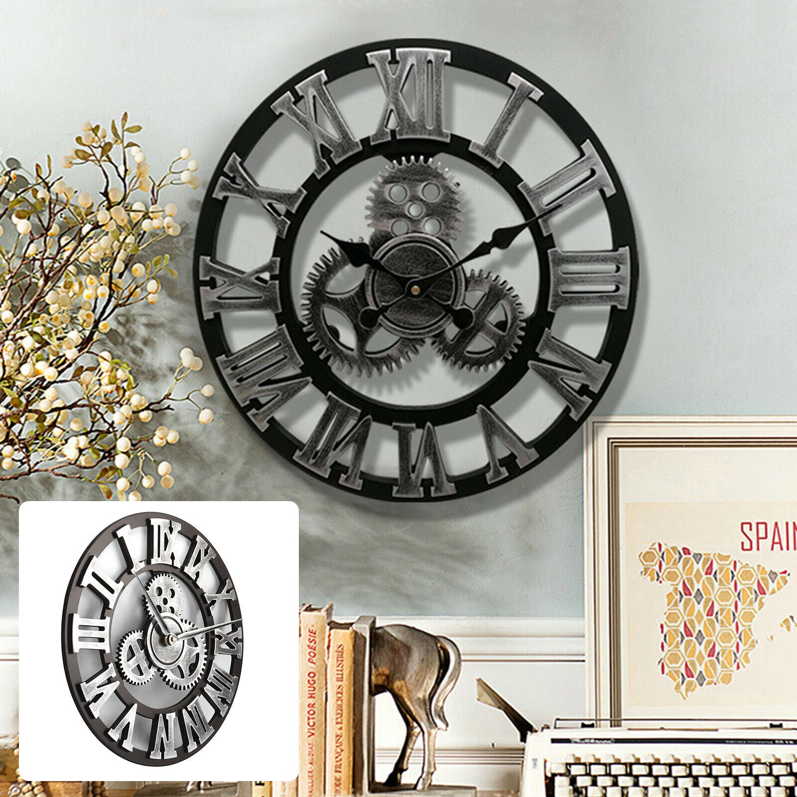 LARGE WALL CLOCK OUTDOOR GARDEN Big ROMAN NUMERALS GIANT OPEN FACE METAL 40CM