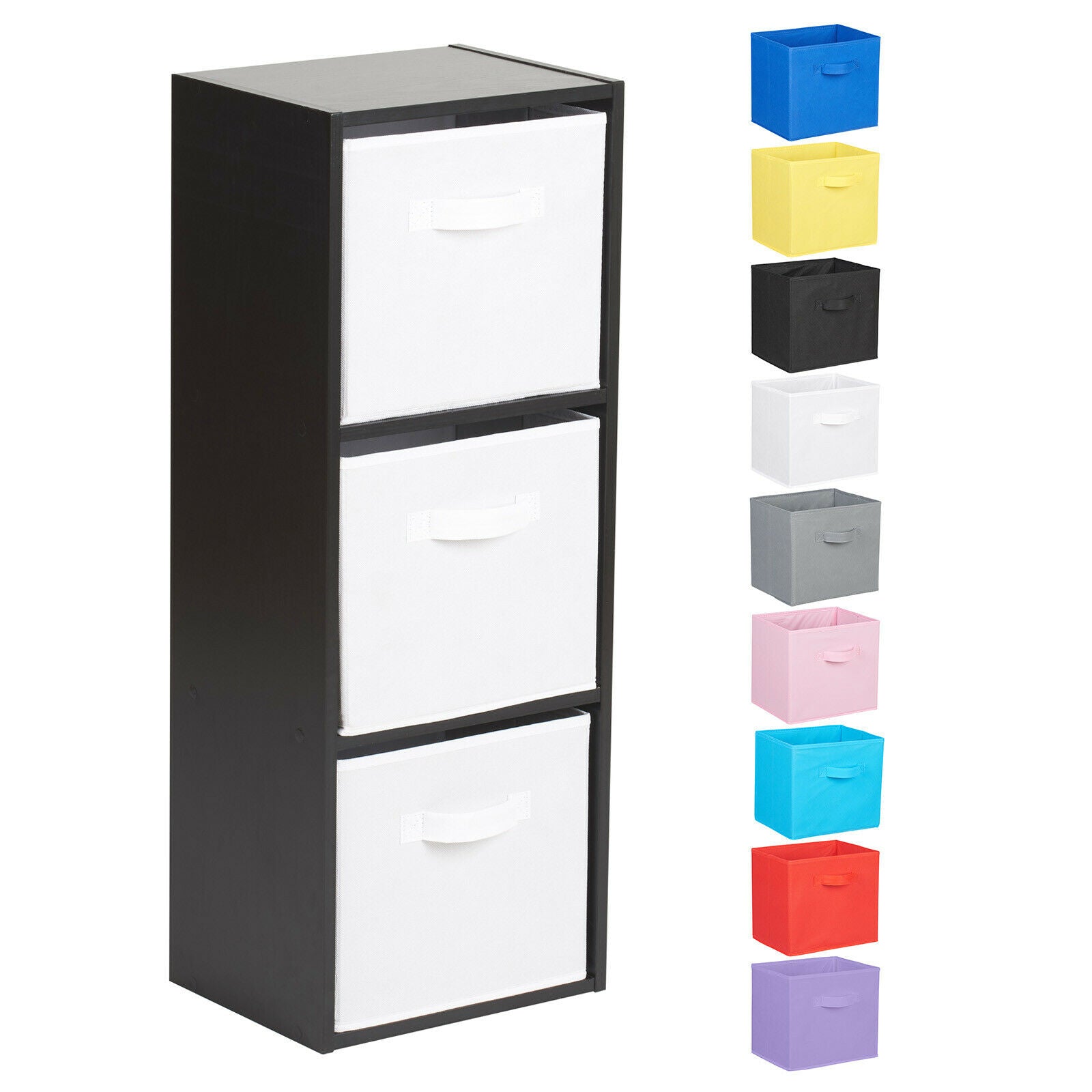 3 Tier Black Bookcase Wooden Display Shelving Unit & Fabric Storage Box