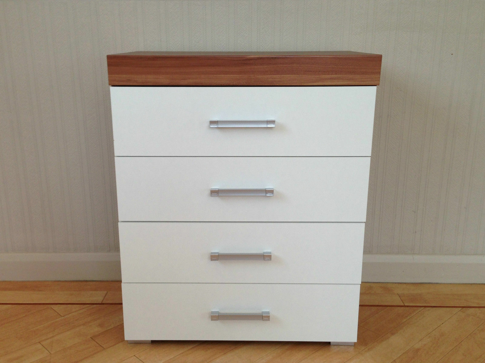Chest of 4 Drawers in White & Walnut Bedroom Furniture Modern * BRAND NEW*
