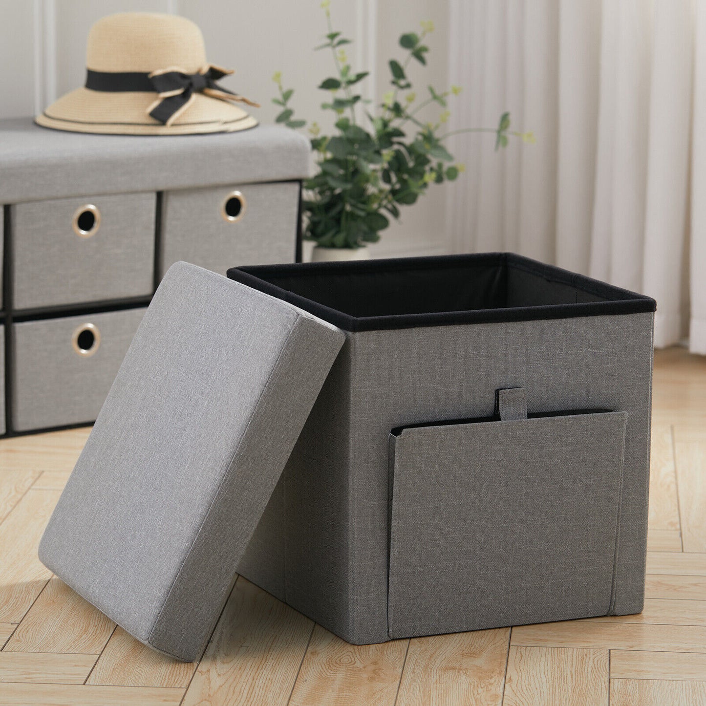 Linen Storage Stool Trunk Ottoman Pouffe Seat Footstool Chair Rect Box ChestGrey
