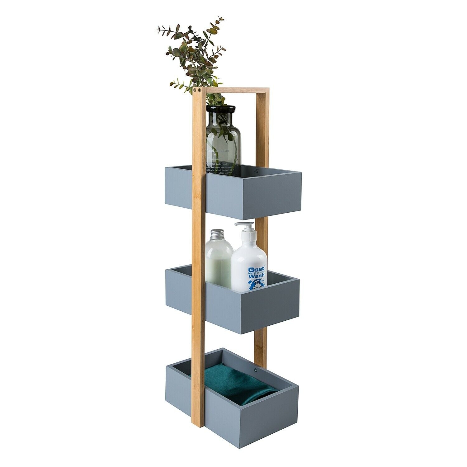 3 Tier Bamboo & MDF Bathroom Bedroom Storage Caddy Unit, 22 x 11 x 81cm - Grey