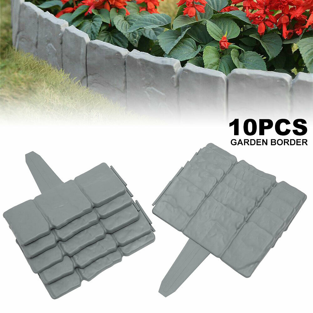 10X Plastic Garden Lawn Cobbled Stone Effect Edging Plant Border Grey