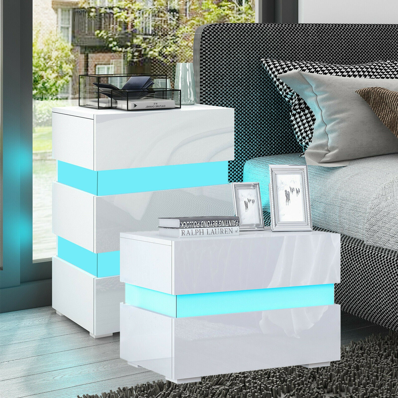 Modern LED Light High Gloss 2 or 3 Drawers Bedside Table Cabinet Nightstand Unit
