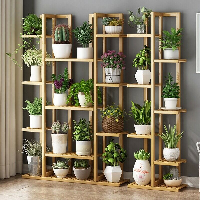 floor standing plant pot holders Bamboo Plant Stand Multiple Flower Pot Holder Shelf Floorstanding Spac – Quildinc